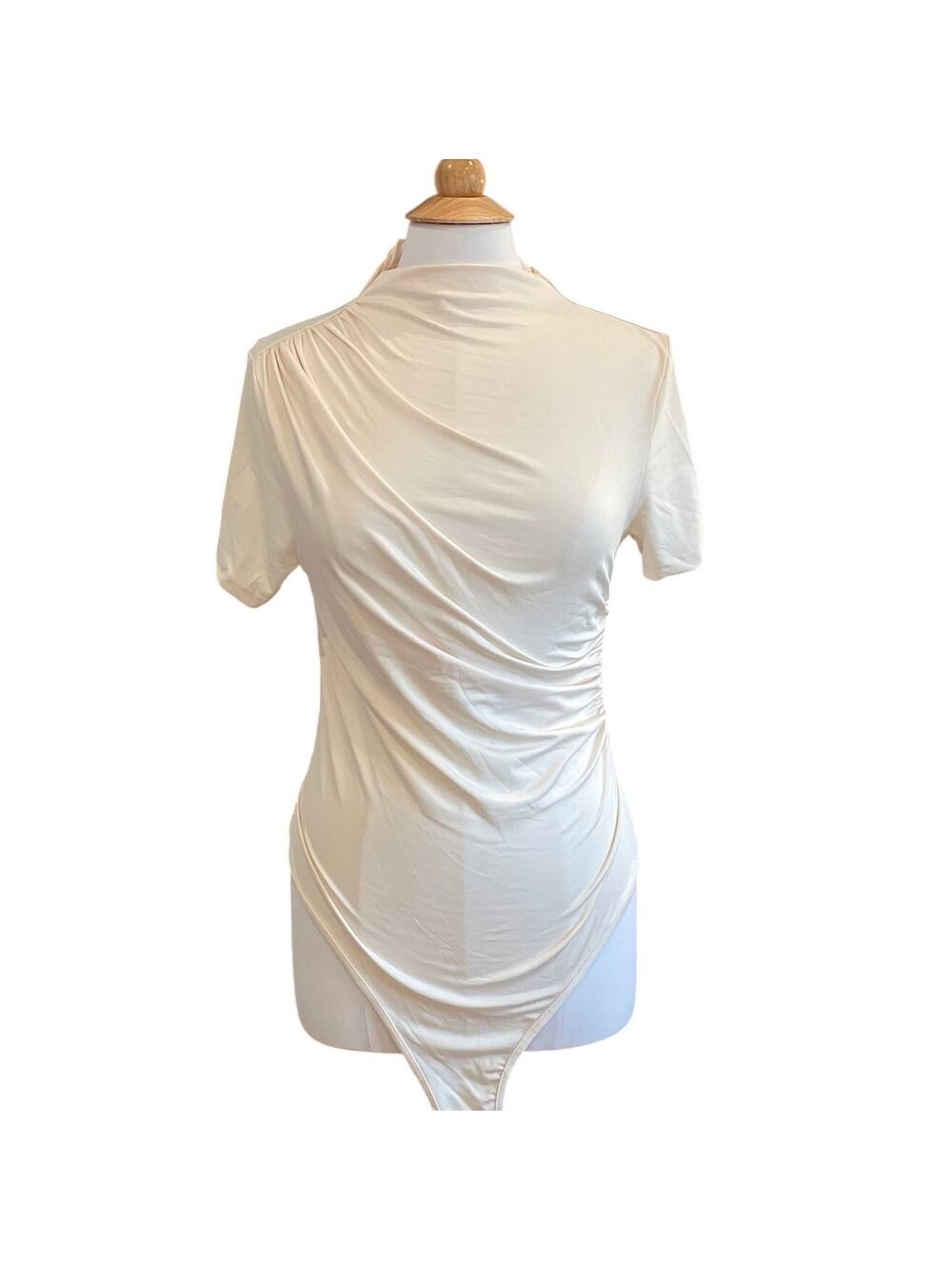 Ivory Short Sleeve Mock Neck Stretch Bodysuit, Drapey Gathered Detail, Size L